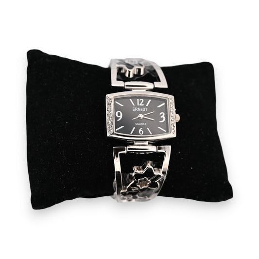 Montre fantaisie argentée détails fleurs noires