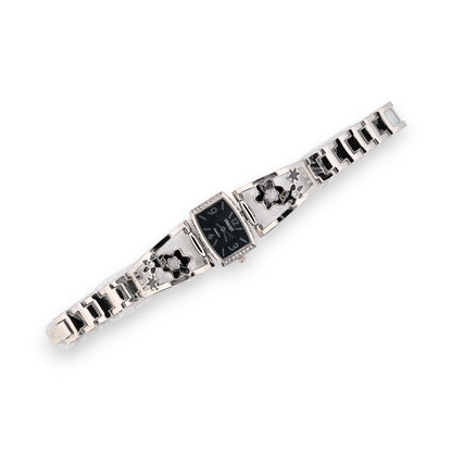 Montre fantaisie argentée détails fleurs noires