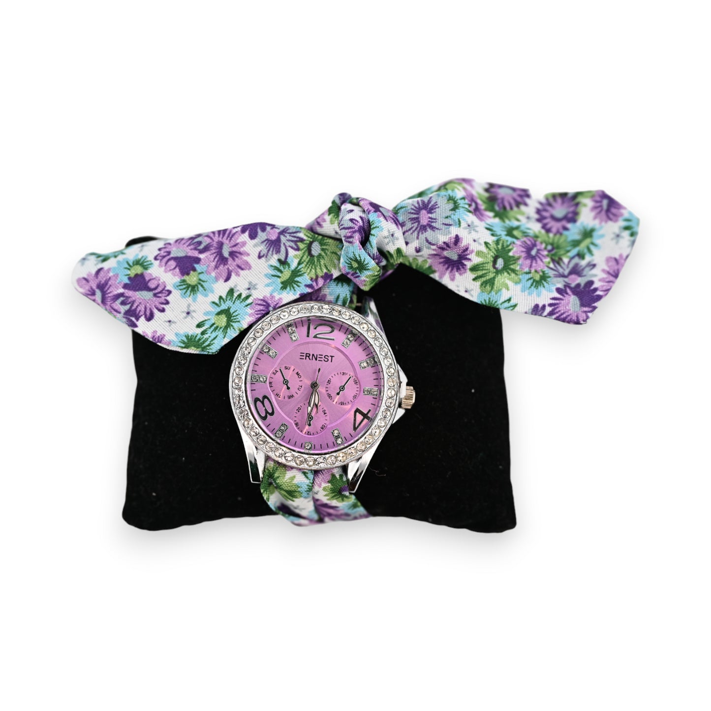 Montre fantaisie bracelet tissu floral parme et vert