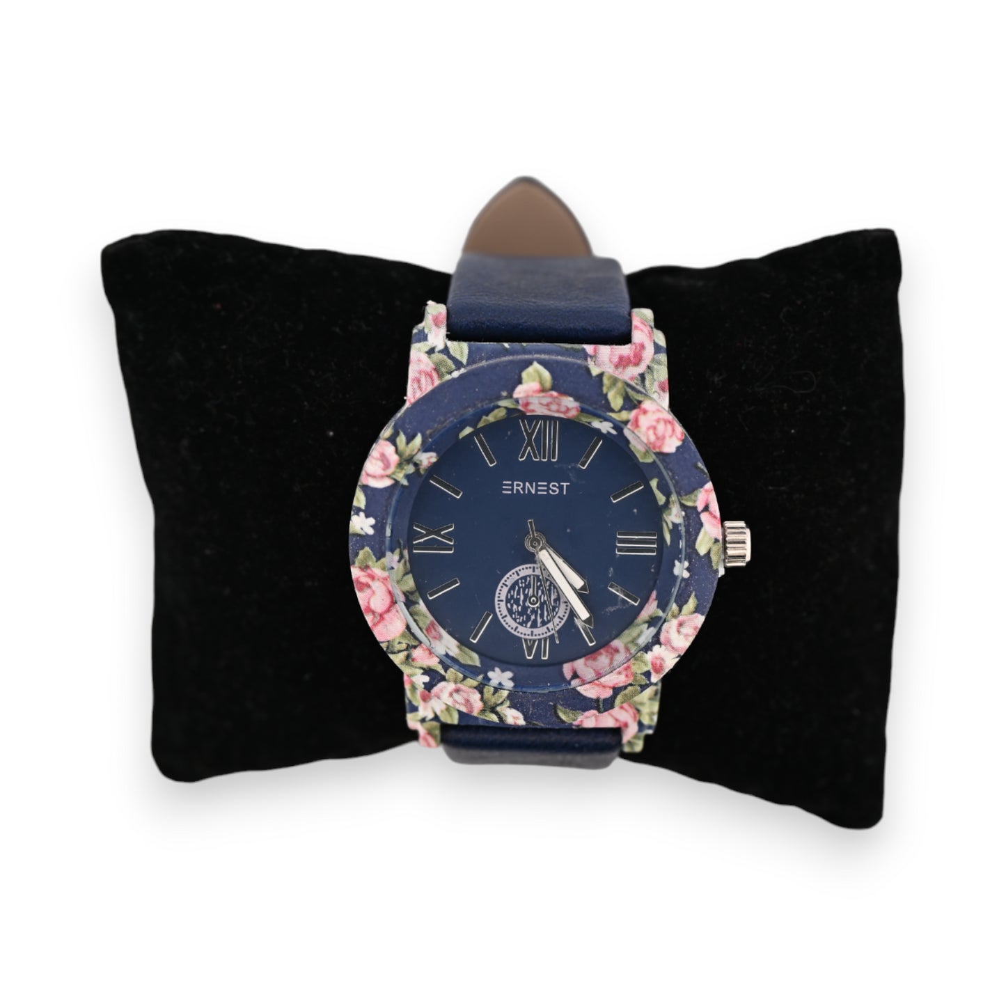 Montre simili cuir bleu marine  cadran fleuri rose