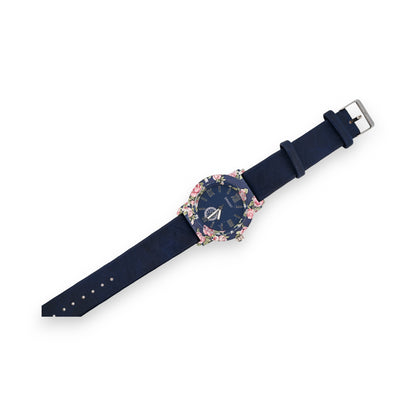 Montre simili cuir bleu marine  cadran fleuri rose