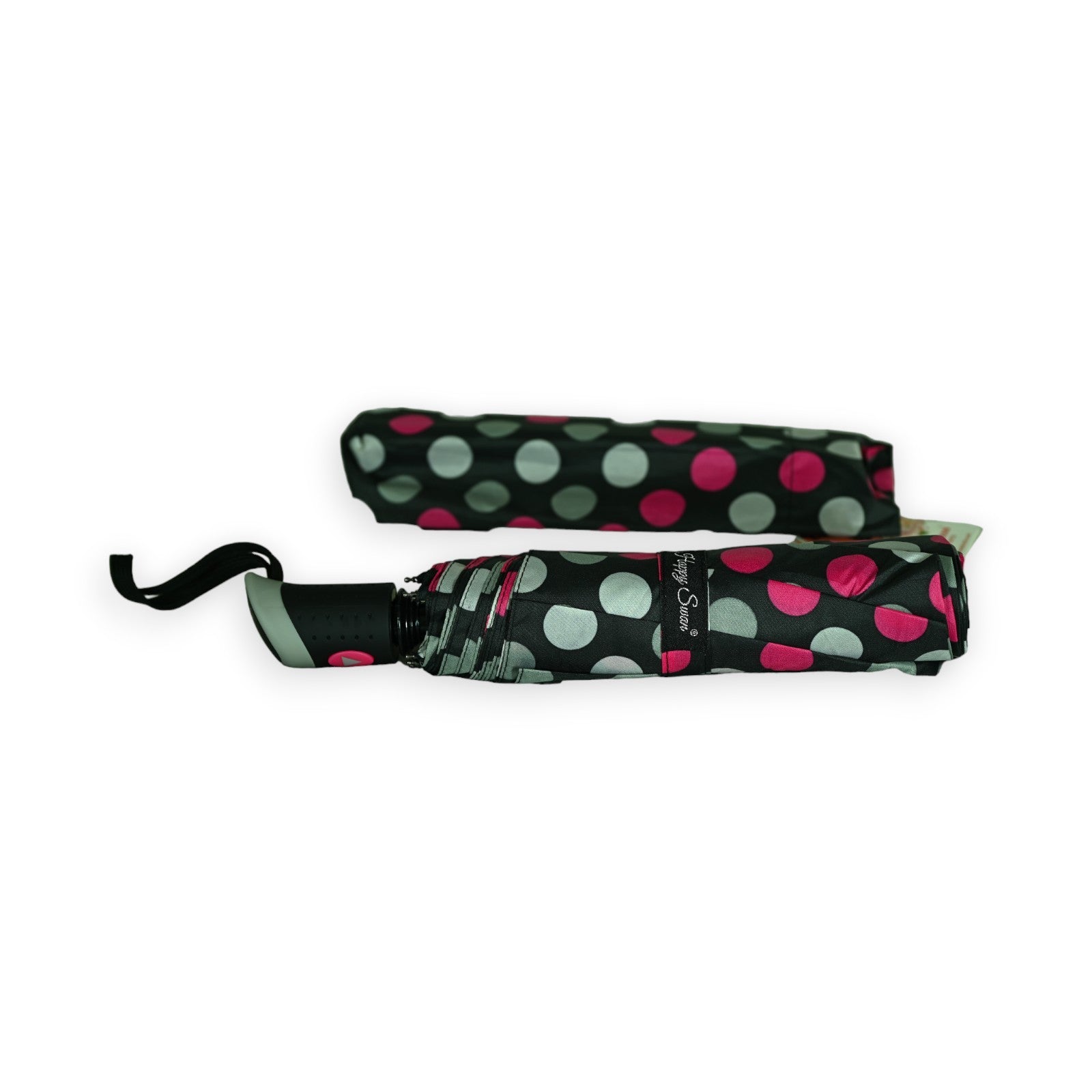 Parapluie pliant semi automatique pois fuchsia et gris