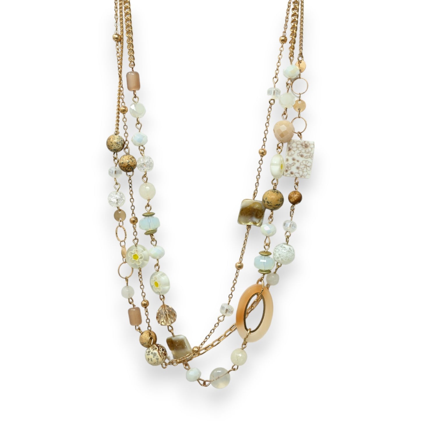 Parure collier doré fantaisie multi rangs perles diverses