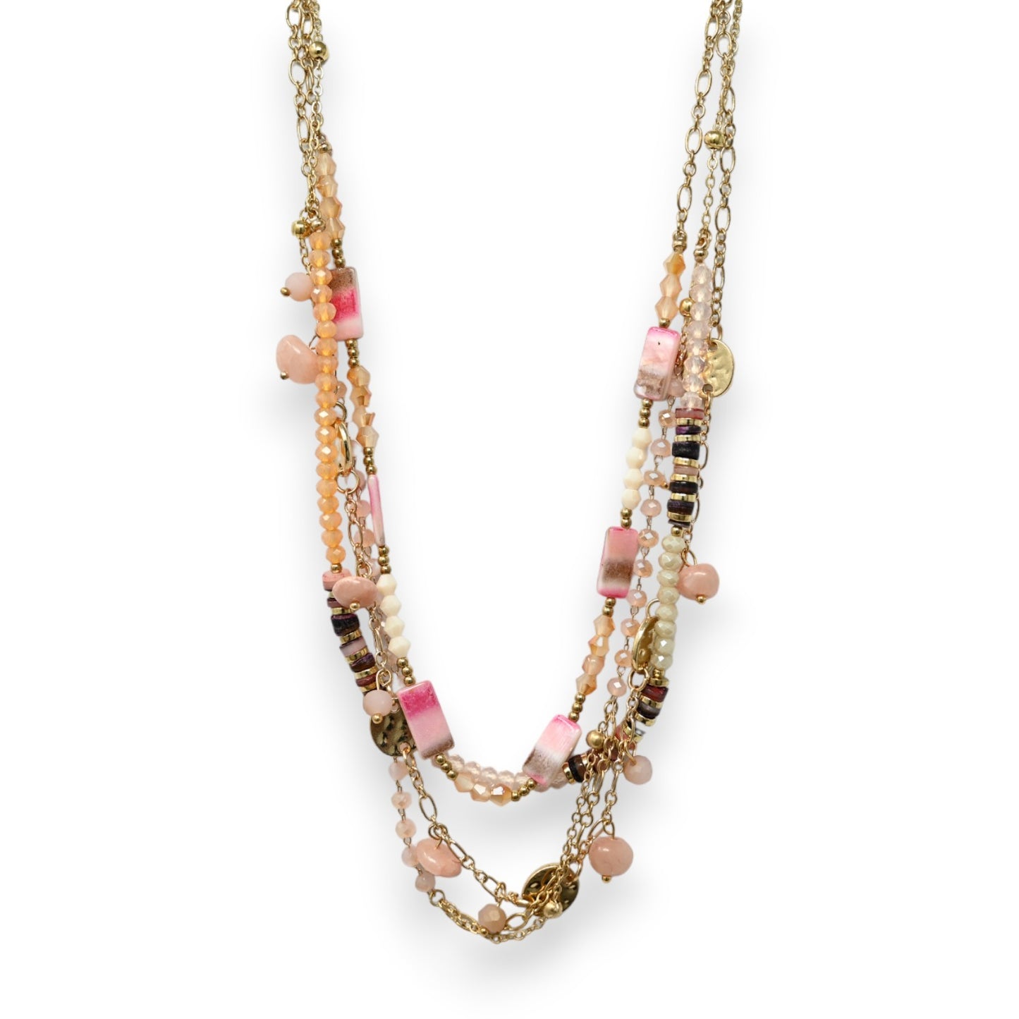 Parure collier fantaisie doré multi rang nuance rose
