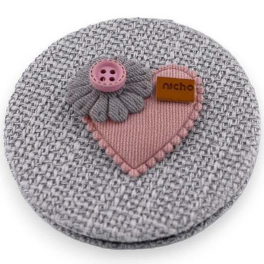 Petit miroir de poche gris  cœur fleur 3D rose