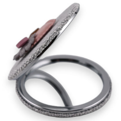 Petit miroir de poche gris  cœur fleur 3D rose