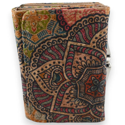 Petit portefeuille compact en liège coloré avec motif mandala imprimé, style bohème