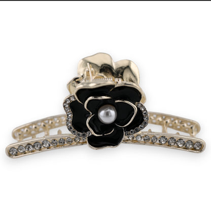 Pince à cheveux doré  rose noire et strass