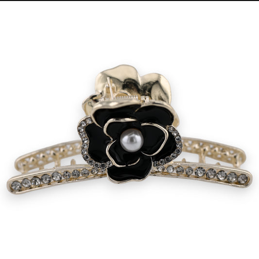 Pince à cheveux doré  rose noire et strass