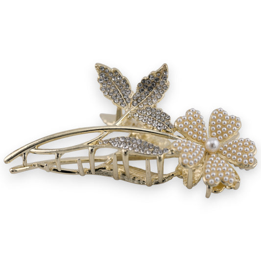 Pince à cheveux dorée fleur  sur sa tige en perle et strass