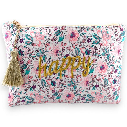 Pochette AMOUR coton fleurs rose bleu marron