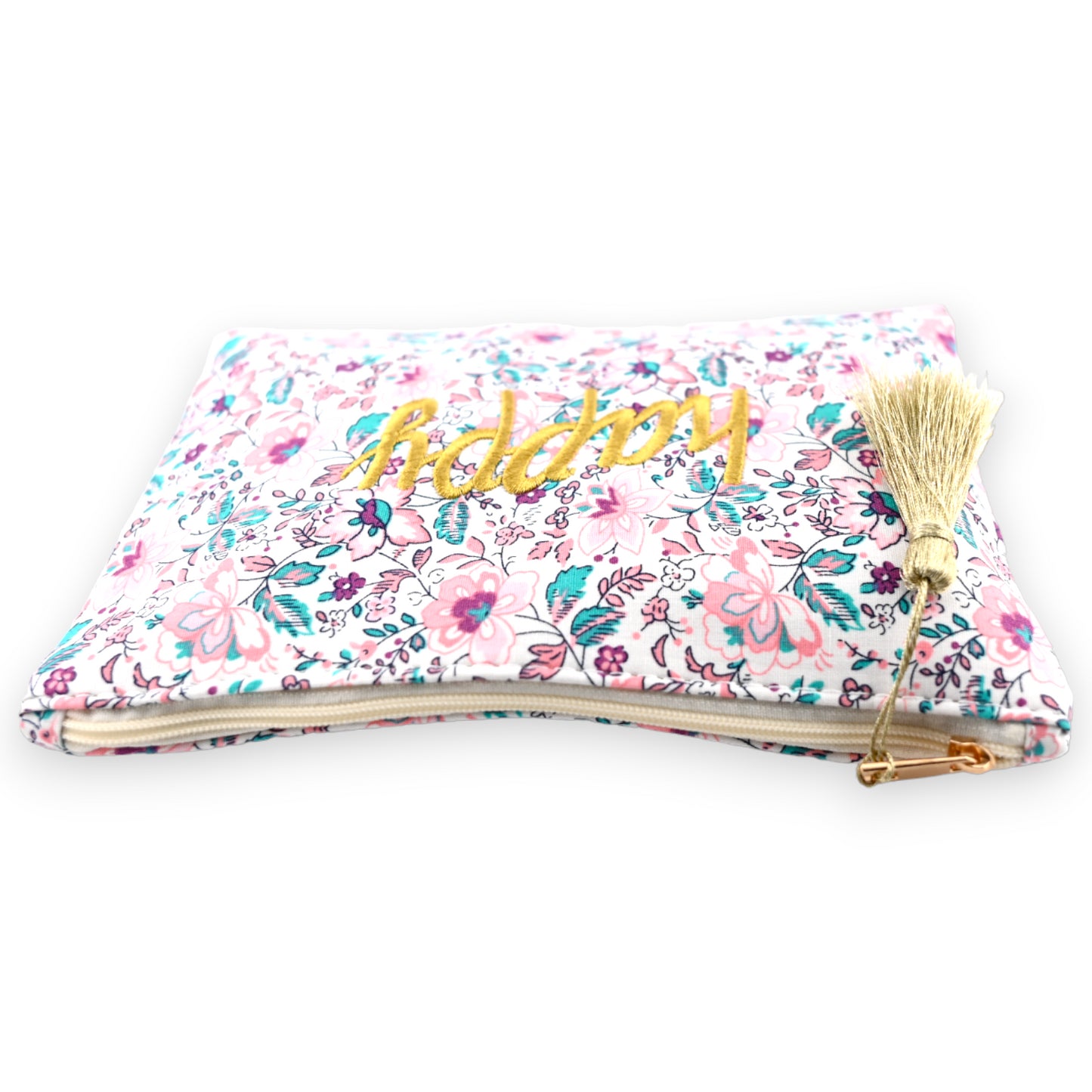 Pochette AMOUR coton fleurs rose bleu marron
