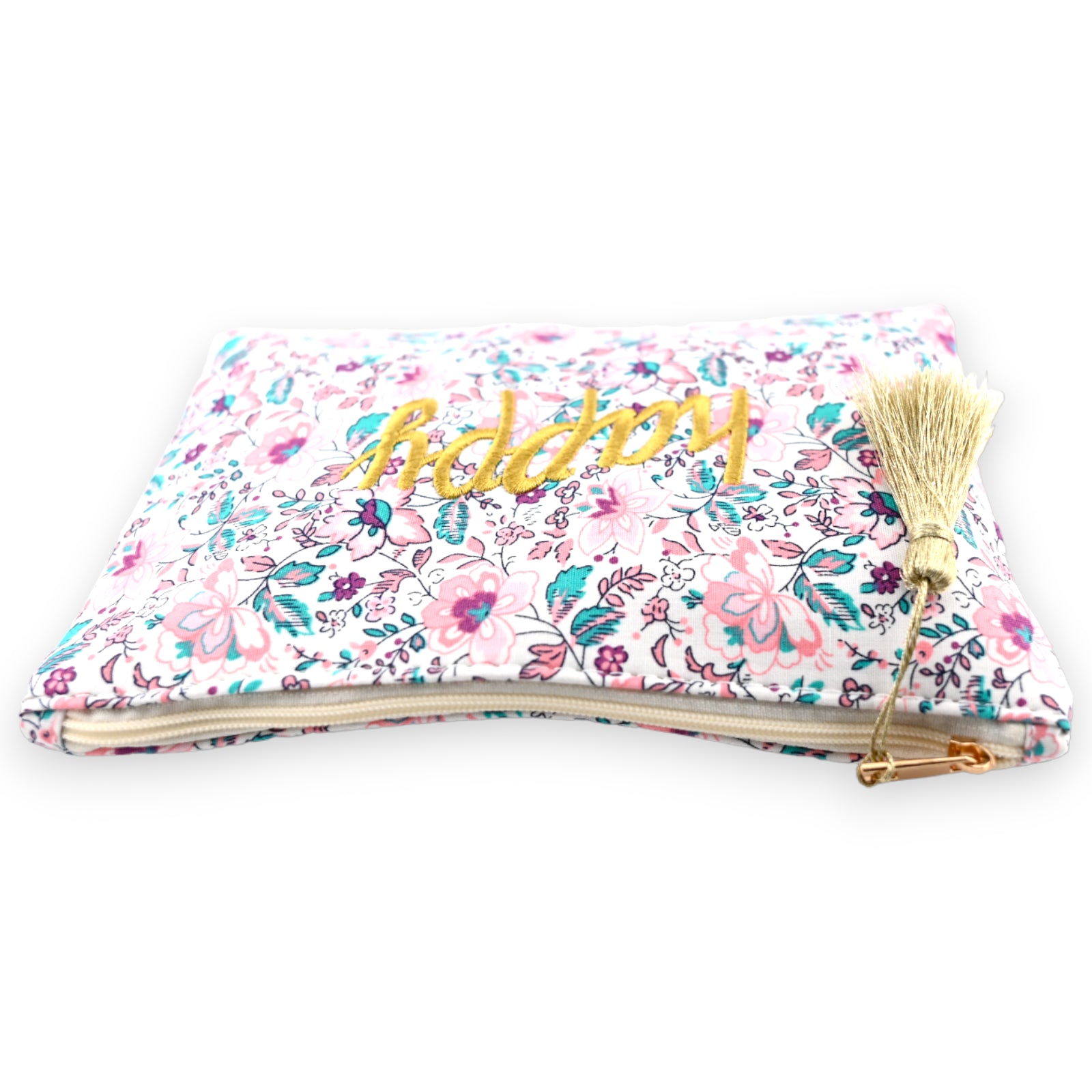 Pochette AMOUR coton fleurs rose bleu marron