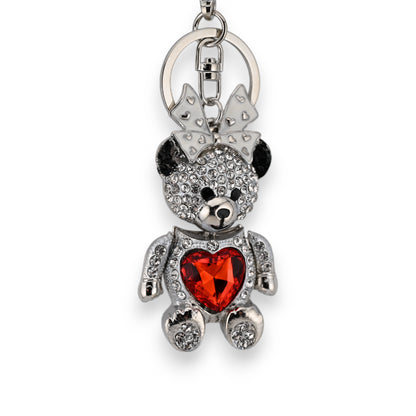 Porte-clés argenté nounours fille coeur rouge
