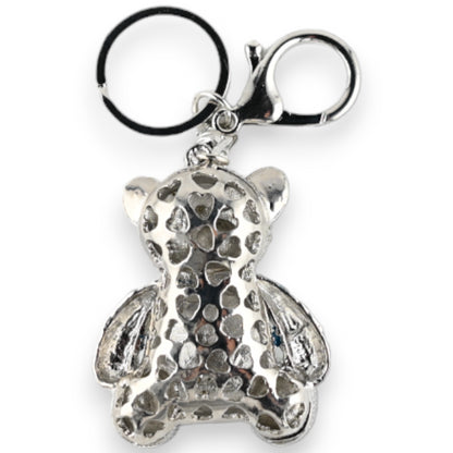 Porte-clés argenté nounours maillot rayé bleu canard