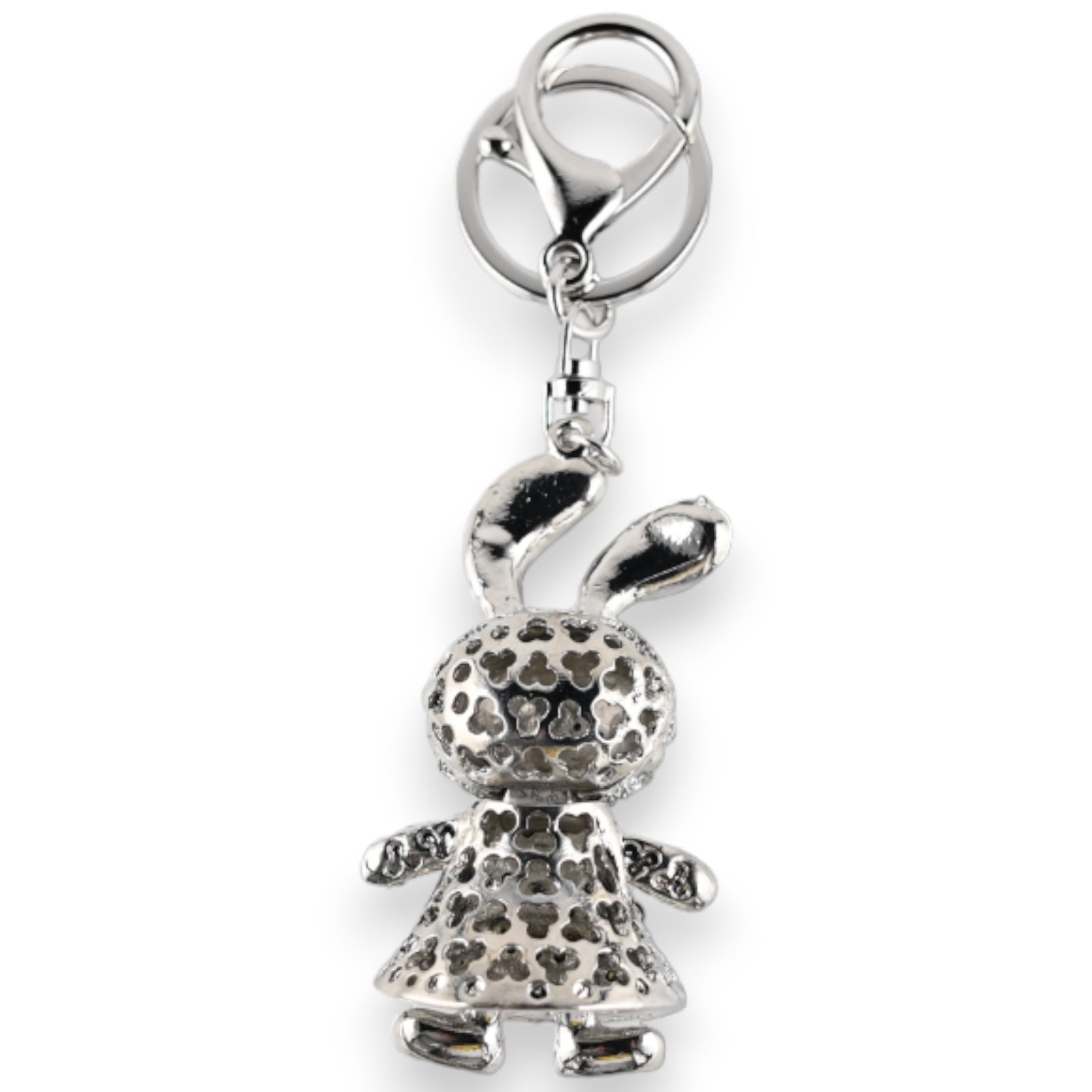 Porte-clés argenté petite lapine robe bleu foncée