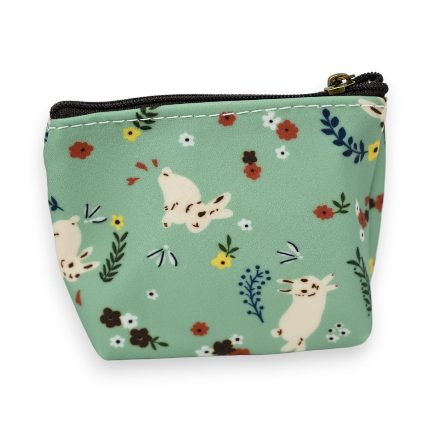 Porte monnaie motifs fleurs avec lapins vert d'eau
