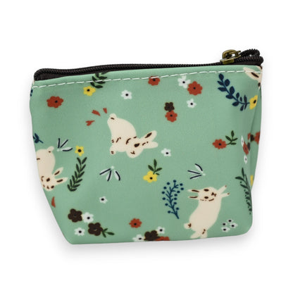 Porte monnaie motifs fleurs avec lapins vert d'eau
