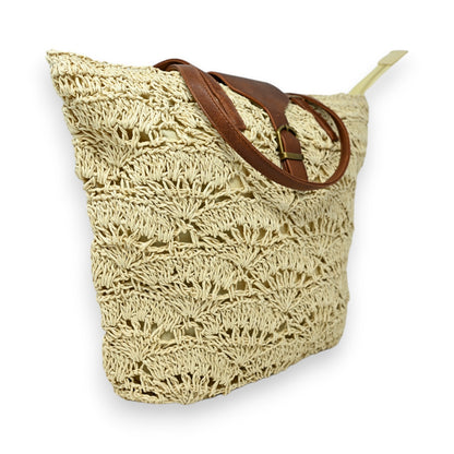 Sac bohème en paille beige avec anses marron