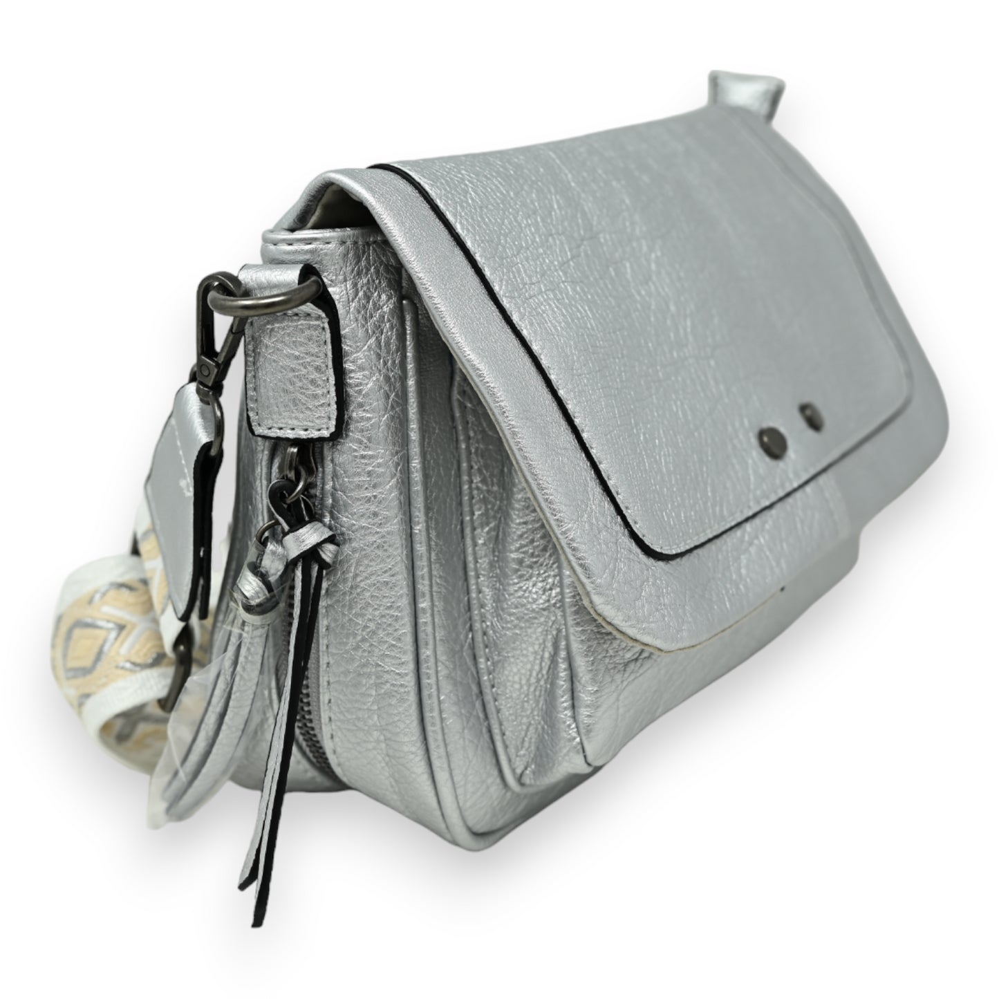 Sac bandoulière argenté sangle tissu imprimé