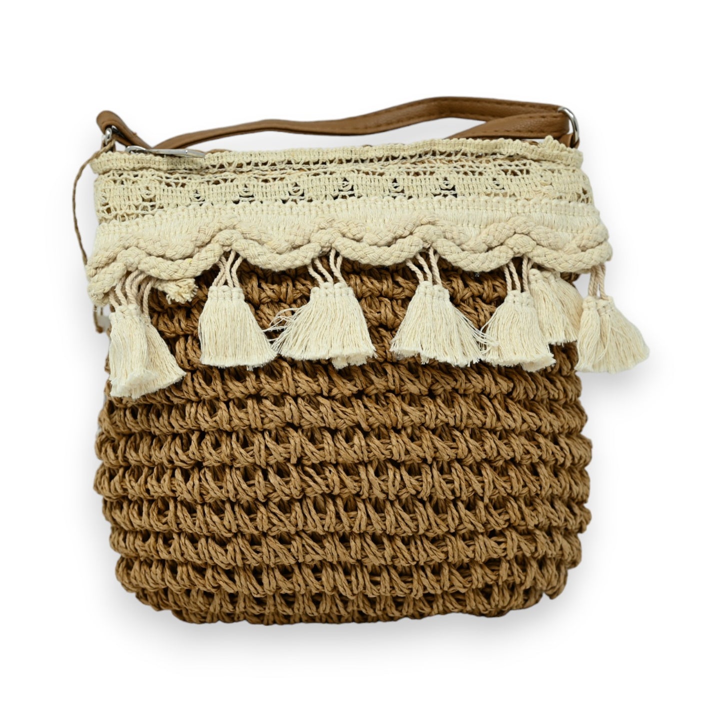 Sac bandoulière bohème paille foncée macramé pompons