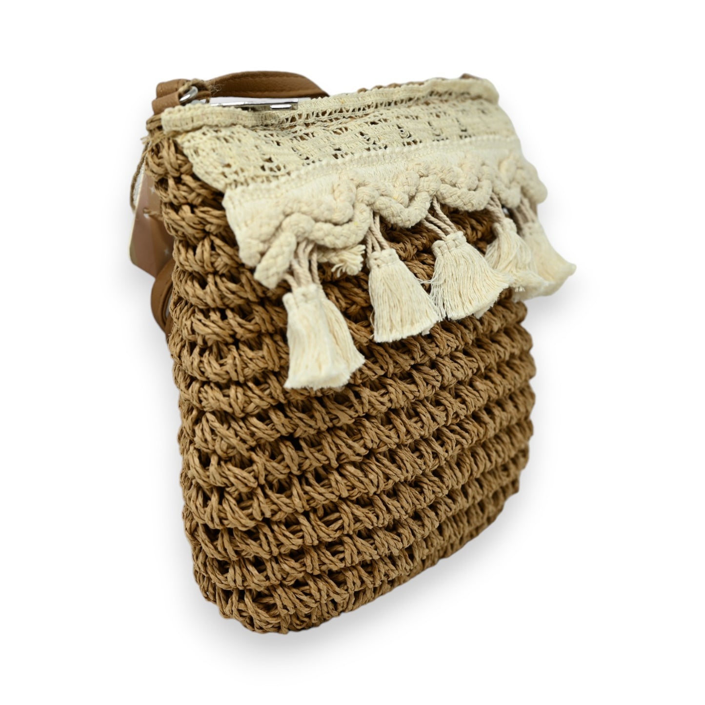 Sac bandoulière bohème paille foncée macramé pompons