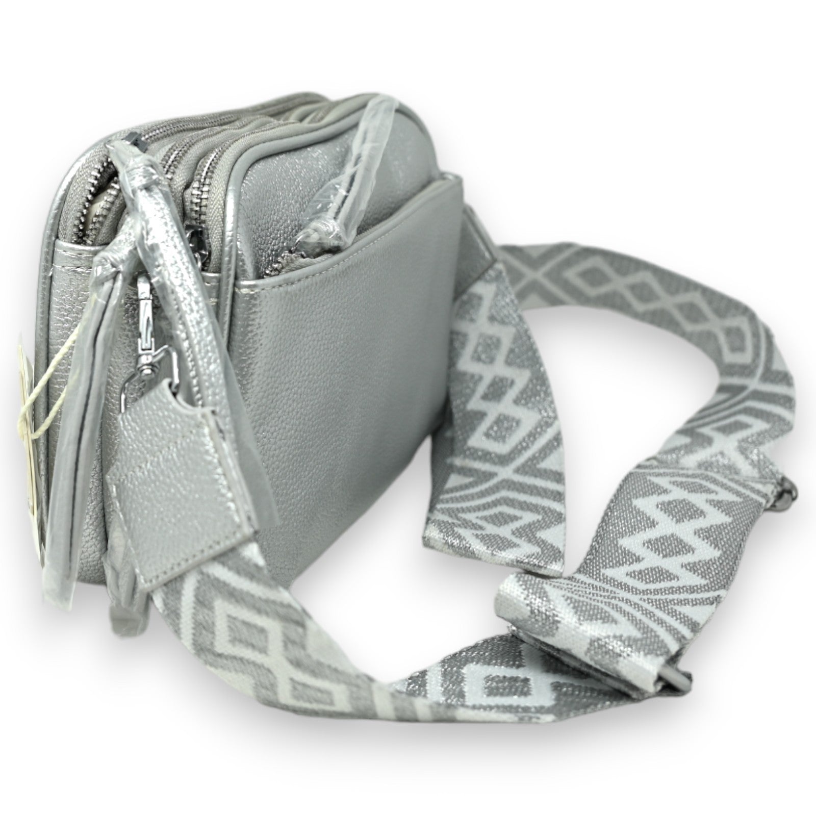 Sac bandoulière carré multi poches argenté