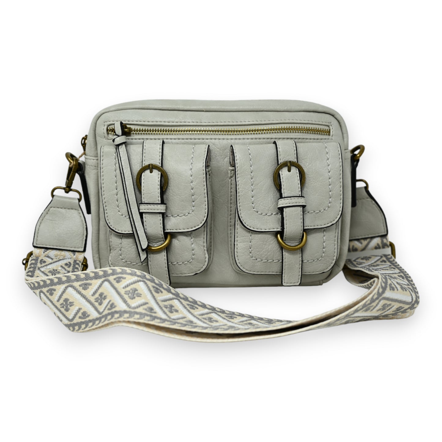 Sac bandoulière gris clair rectangle 2 poches reliefs