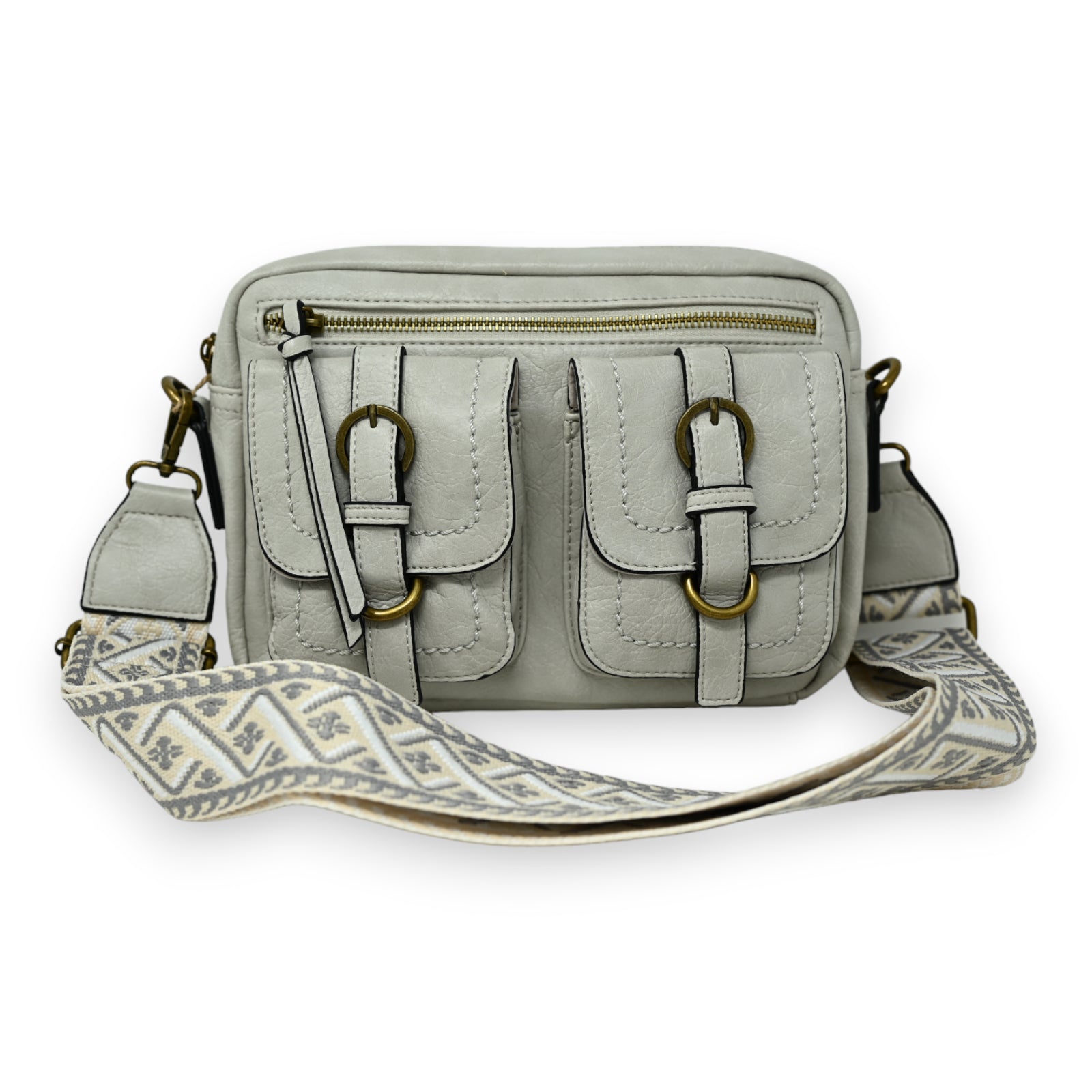 Sac bandoulière gris clair rectangle 2 poches reliefs