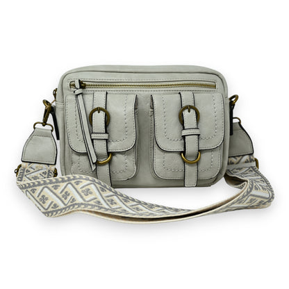 Sac bandoulière gris clair rectangle 2 poches reliefs