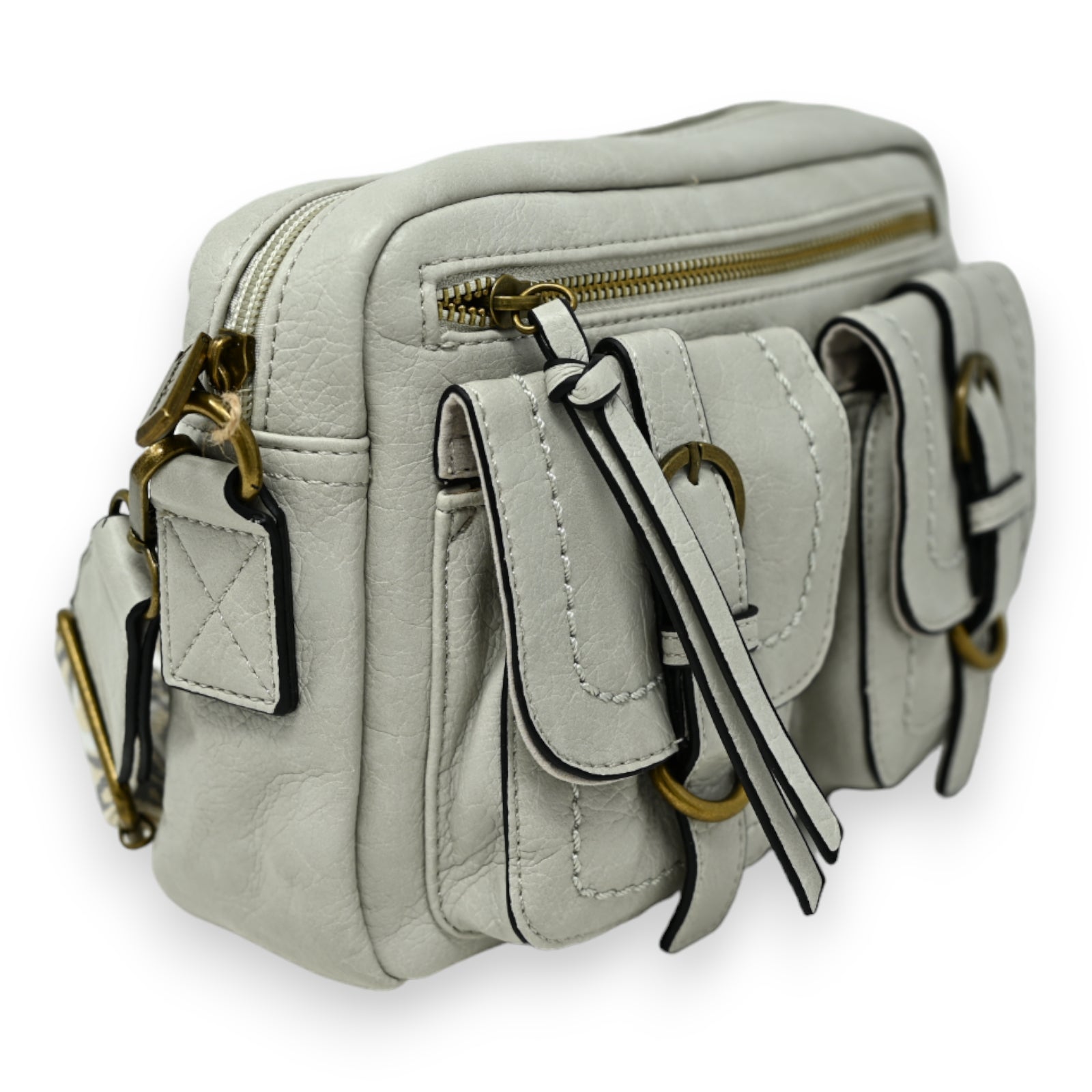Sac bandoulière gris clair rectangle 2 poches reliefs