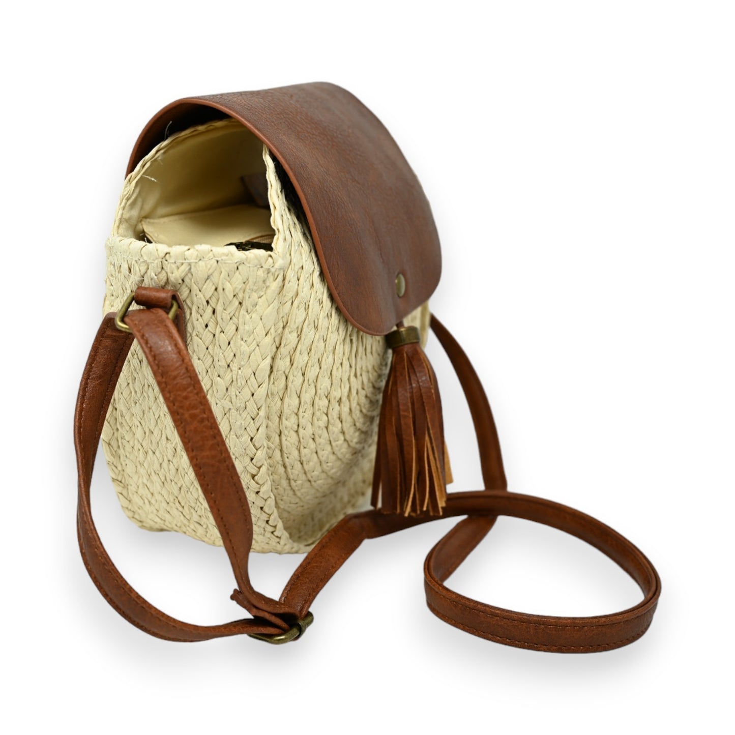 Sac bandoulière rond bohème beige clair