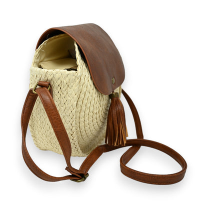 Sac bandoulière rond bohème beige clair