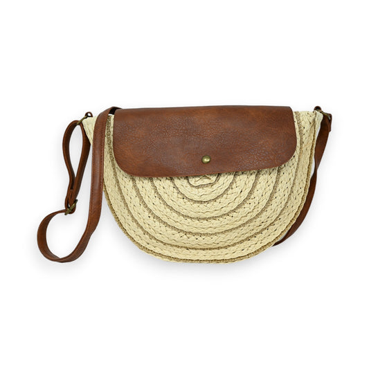 Sac bandoulière rond paille beige  fils dorés