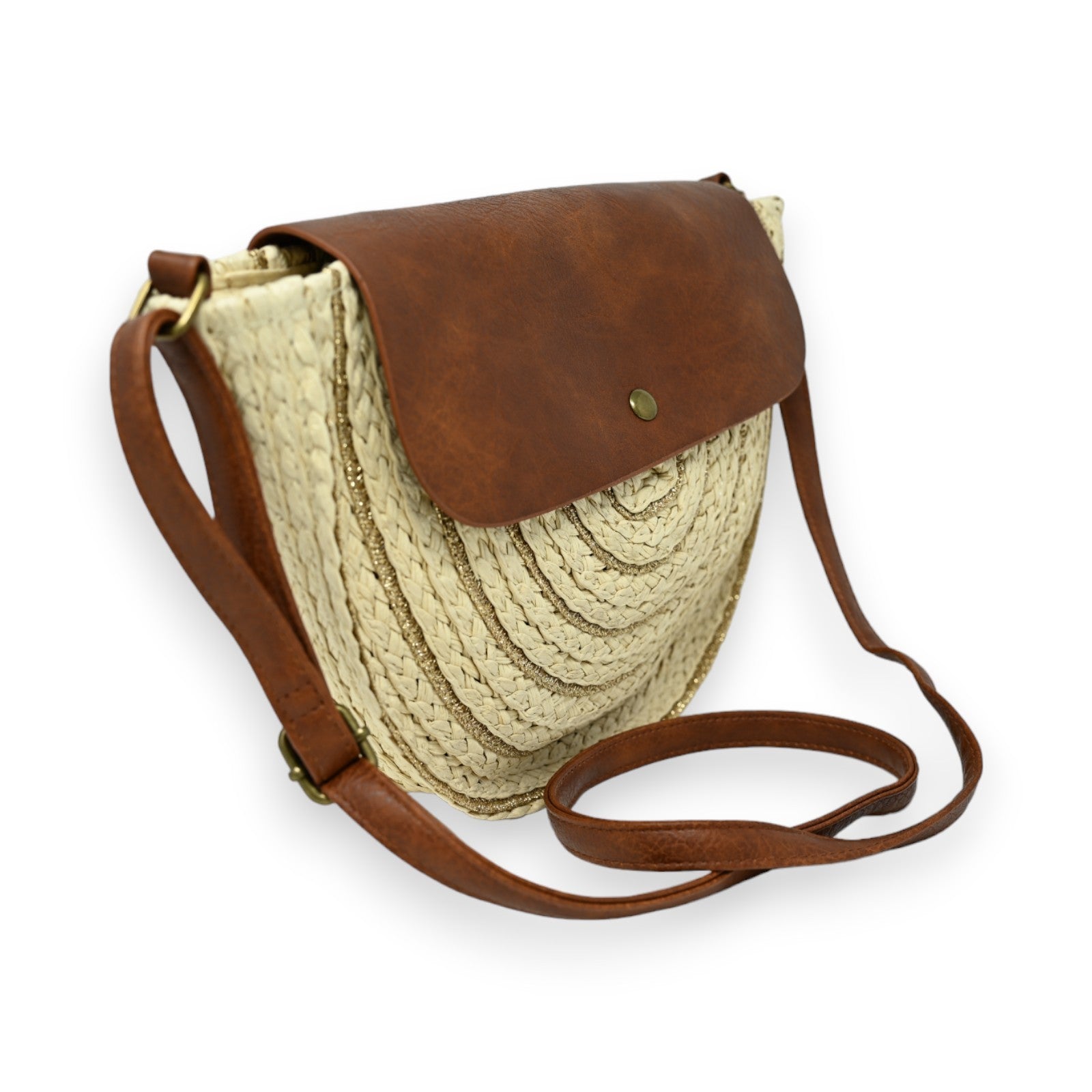 Sac bandoulière rond paille beige  fils dorés