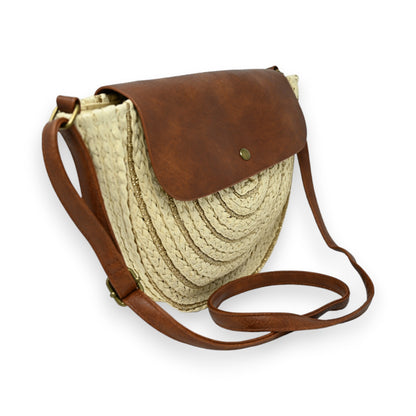 Sac bandoulière rond paille beige  fils dorés