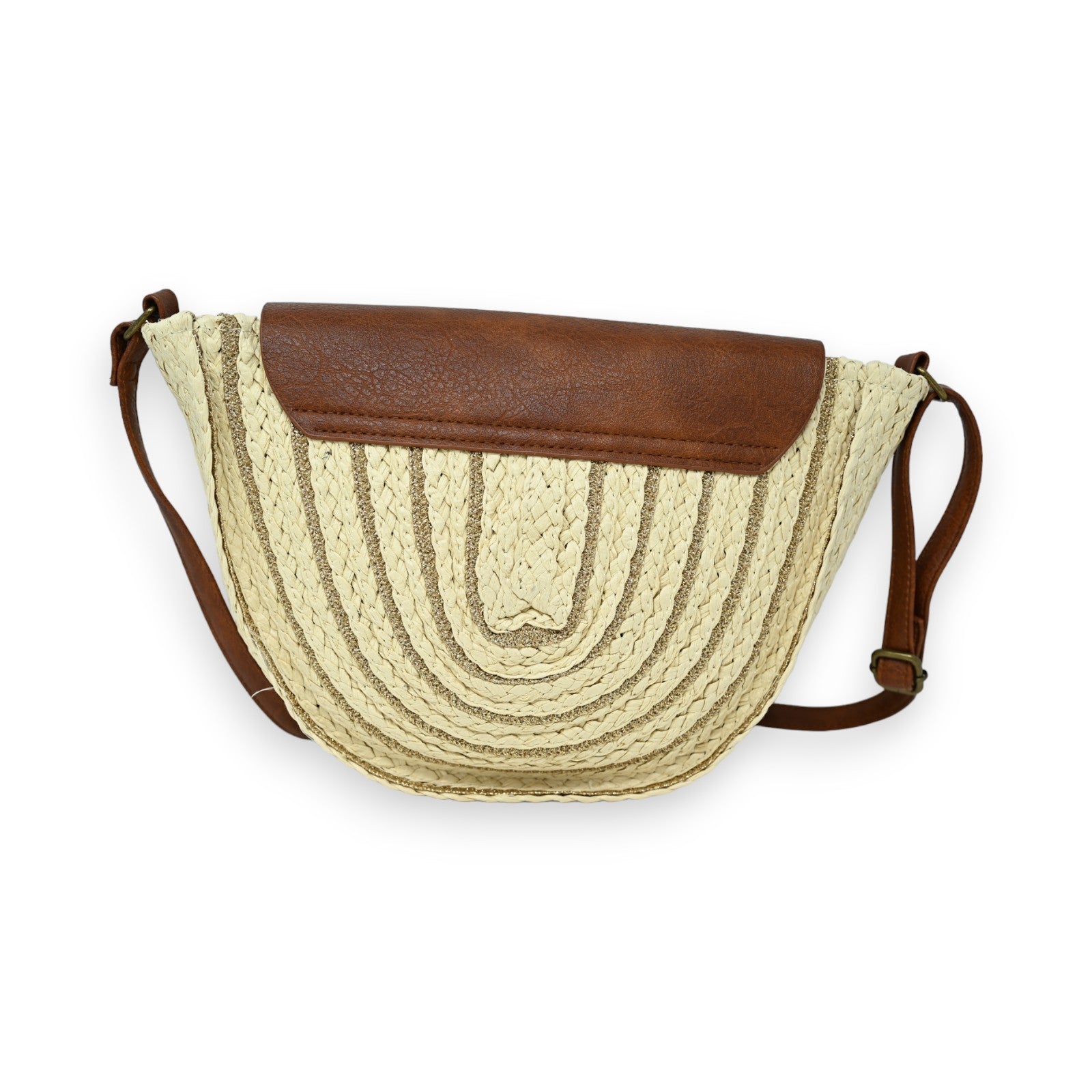 Sac bandoulière rond paille beige  fils dorés