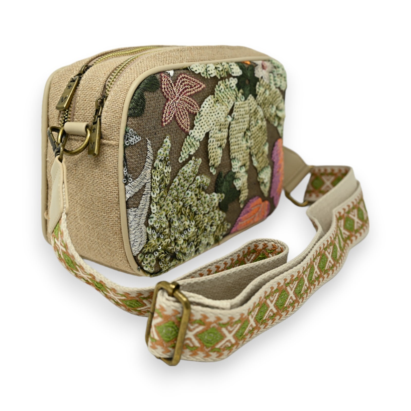 Sac bandoulière rigide broderies fleurs vertes