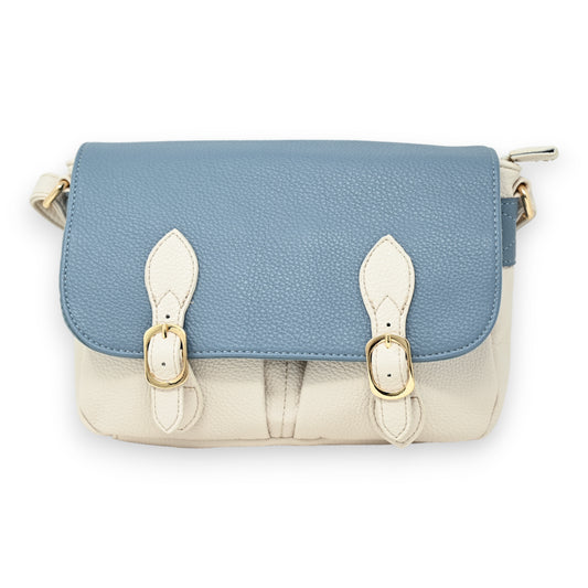 Sac cartable bandoulière bi colore beige et bleu jeans