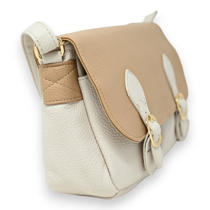 Sac cartable bandoulière bi colore beige et taupe