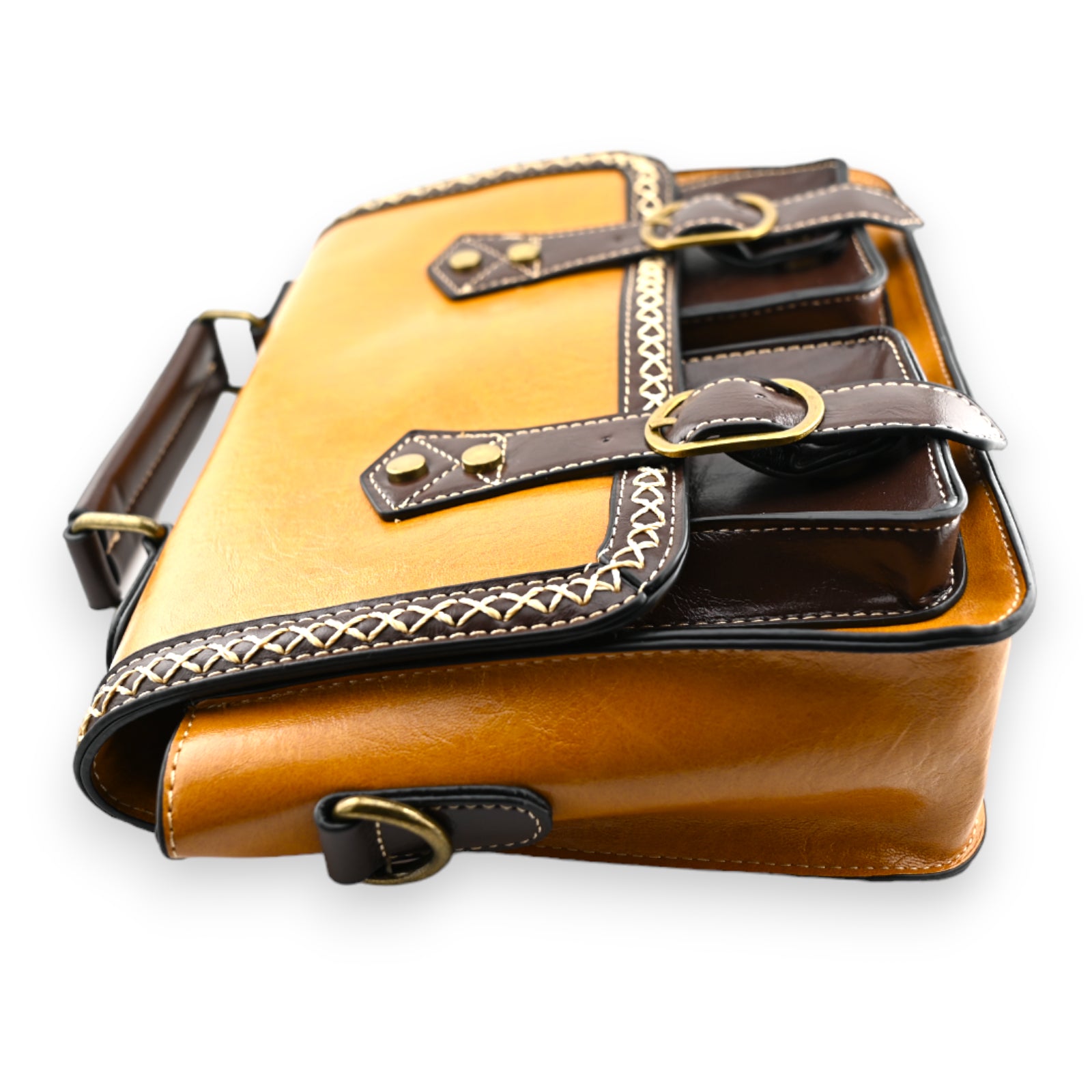 Sac cartable vintage moutarde et marron