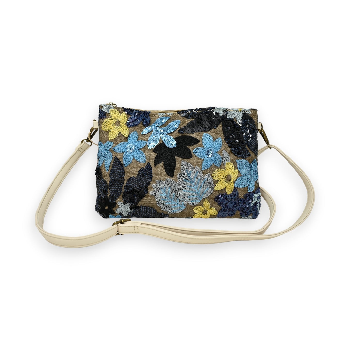 Sac pochette broderies tissu et sequins bleu et jaune