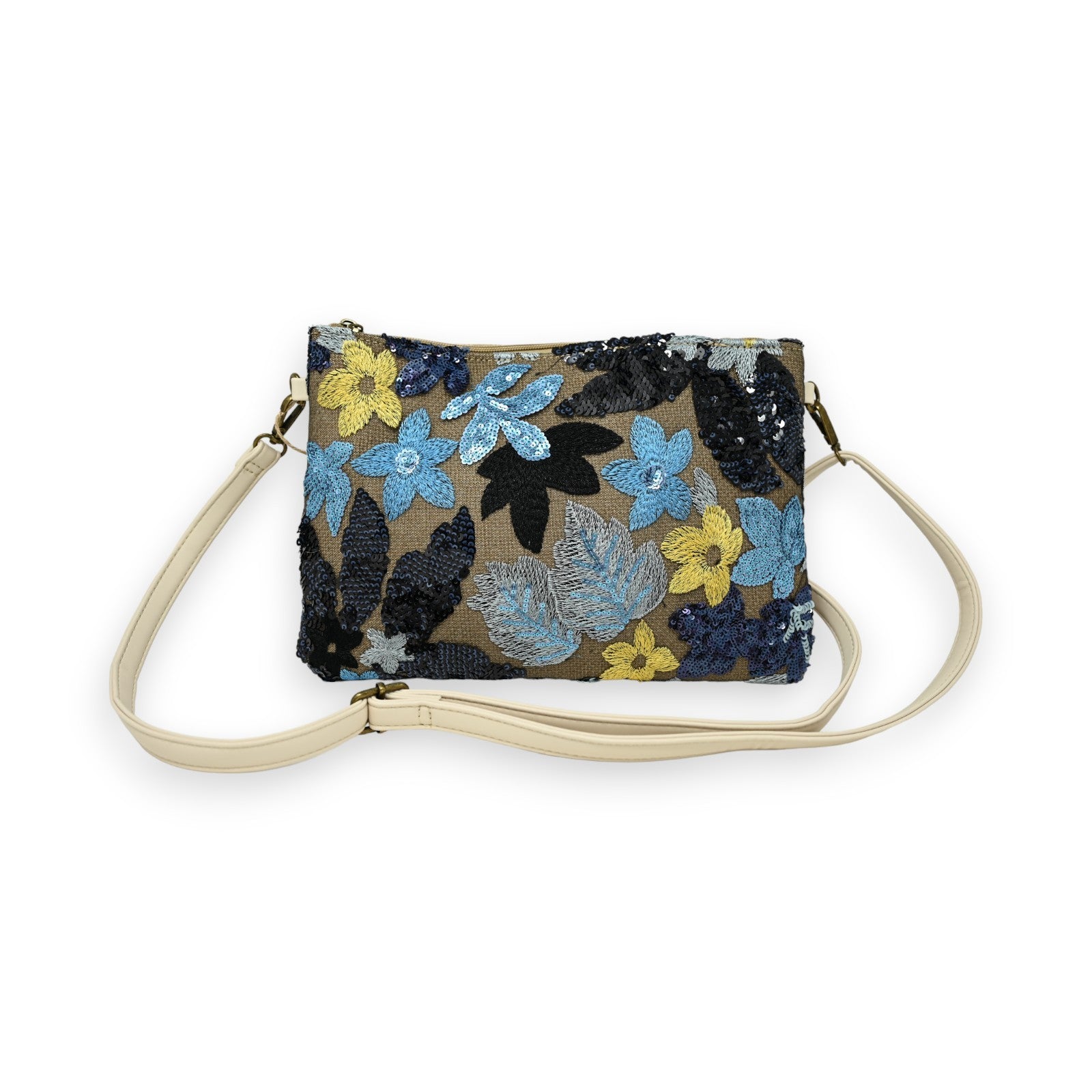 Sac pochette broderies tissu et sequins bleu et jaune