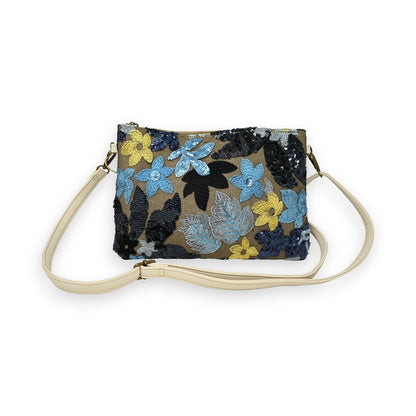 Sac pochette broderies tissu et sequins bleu et jaune