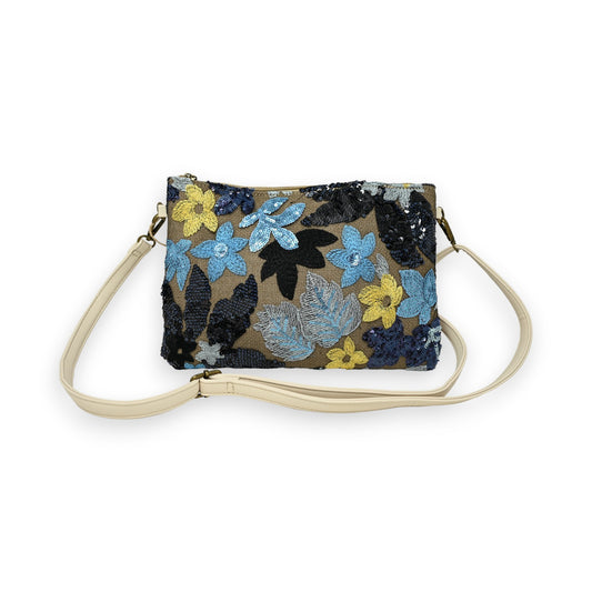 Sac pochette broderies tissu et sequins bleu et jaune